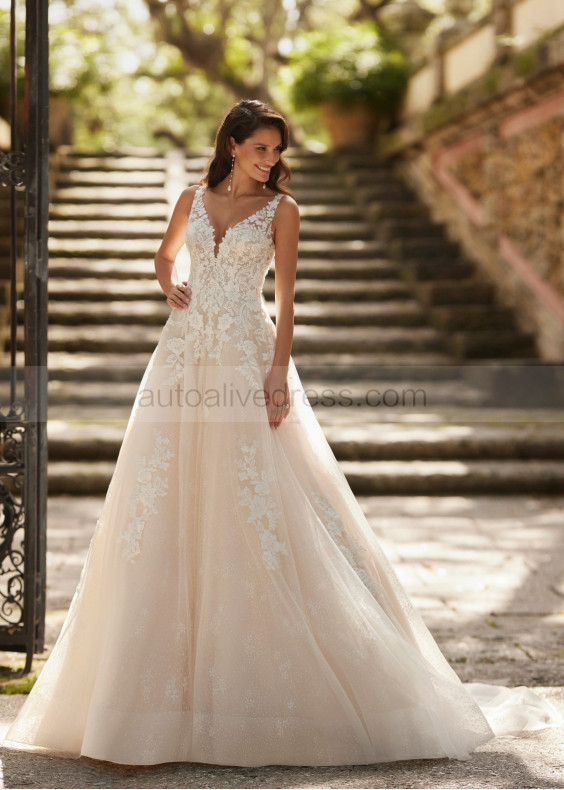 Beaded Ivory Lace Tulle Keyhole Back Glitter Wedding Dress